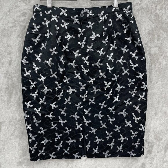Escada Sequin Print Brocade Pencil Skirt Black Silver Silk Blend - Picture 9 of 16